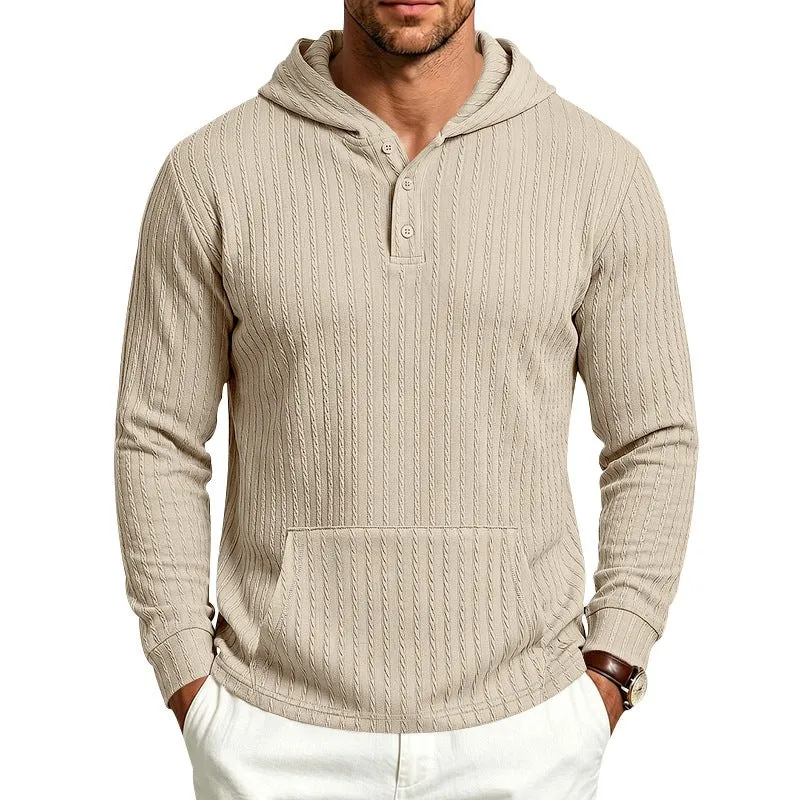 Herren Kapuzenpullover mit Waffelstruktur, Henley-Knopfleiste und Kängurutasche Drune