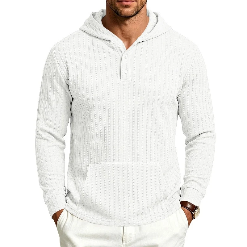 Herren Kapuzenpullover mit Waffelstruktur, Henley-Knopfleiste und Kängurutasche Drune
