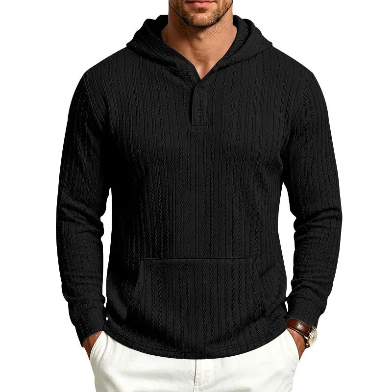 Herren Kapuzenpullover mit Waffelstruktur, Henley-Knopfleiste und Kängurutasche Drune