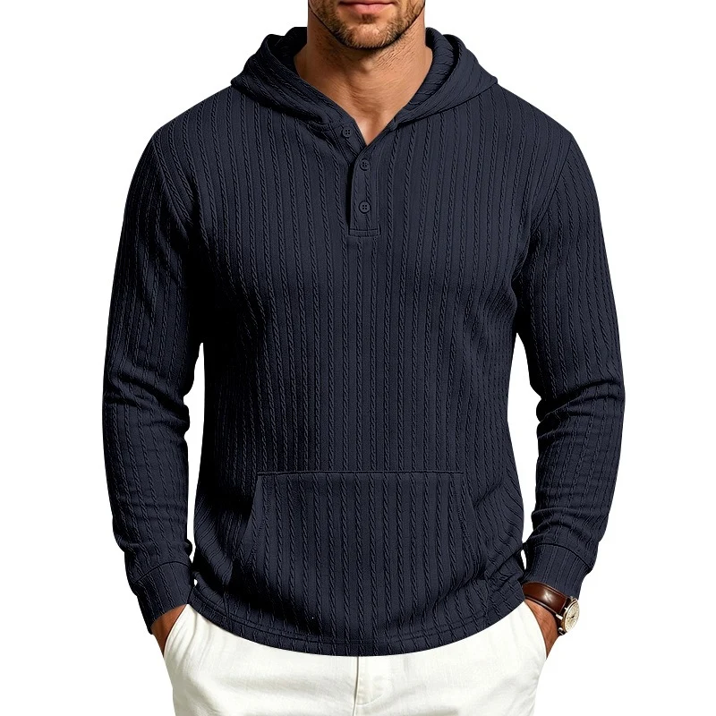 Herren Kapuzenpullover mit Waffelstruktur, Henley-Knopfleiste und Kängurutasche Drune