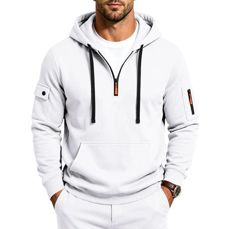 Herren Kapuzenpullover mit Halbzip, Utility-Ärmeltaschen und Kängurutasche Drune