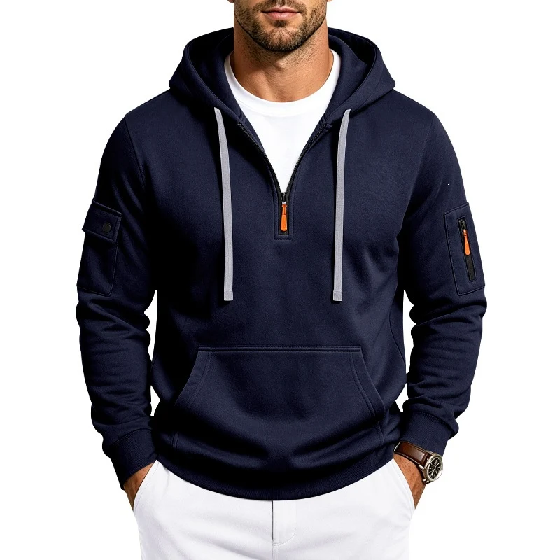 Herren Kapuzenpullover mit Halbzip, Utility-Ärmeltaschen und Kängurutasche Drune