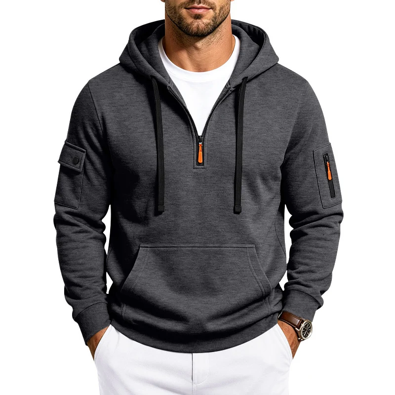 Herren Kapuzenpullover mit Halbzip, Utility-Ärmeltaschen und Kängurutasche Drune