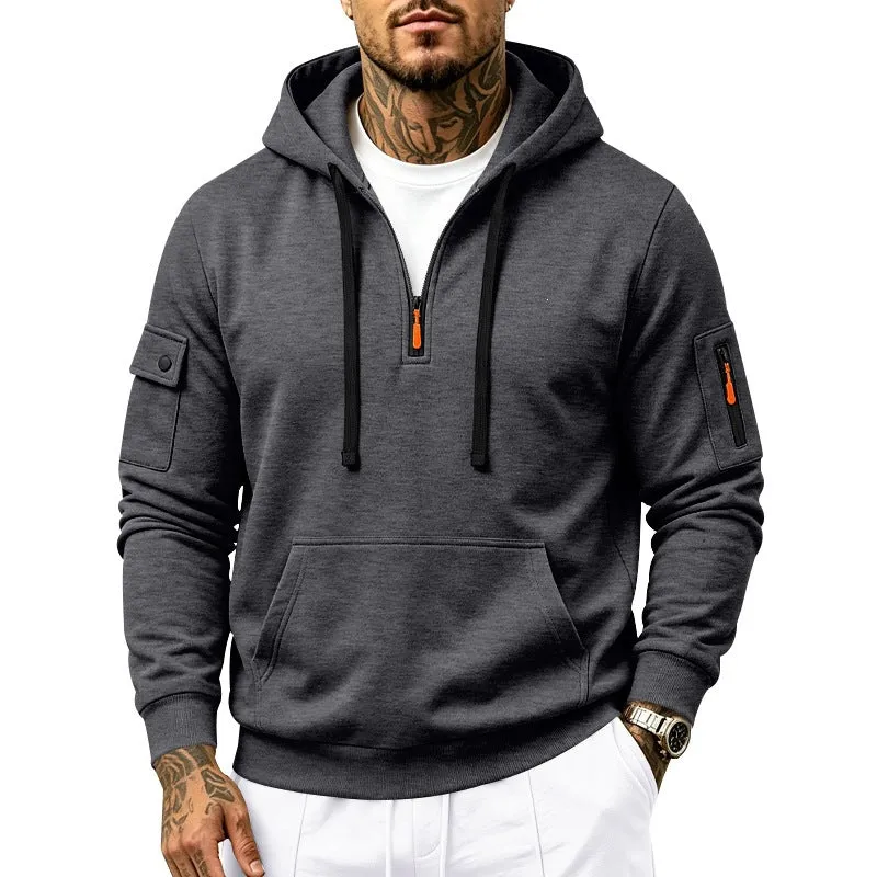 Herren Kapuzenpullover mit Halbzip, Utility-Ärmeltaschen und Kängurutasche Drune