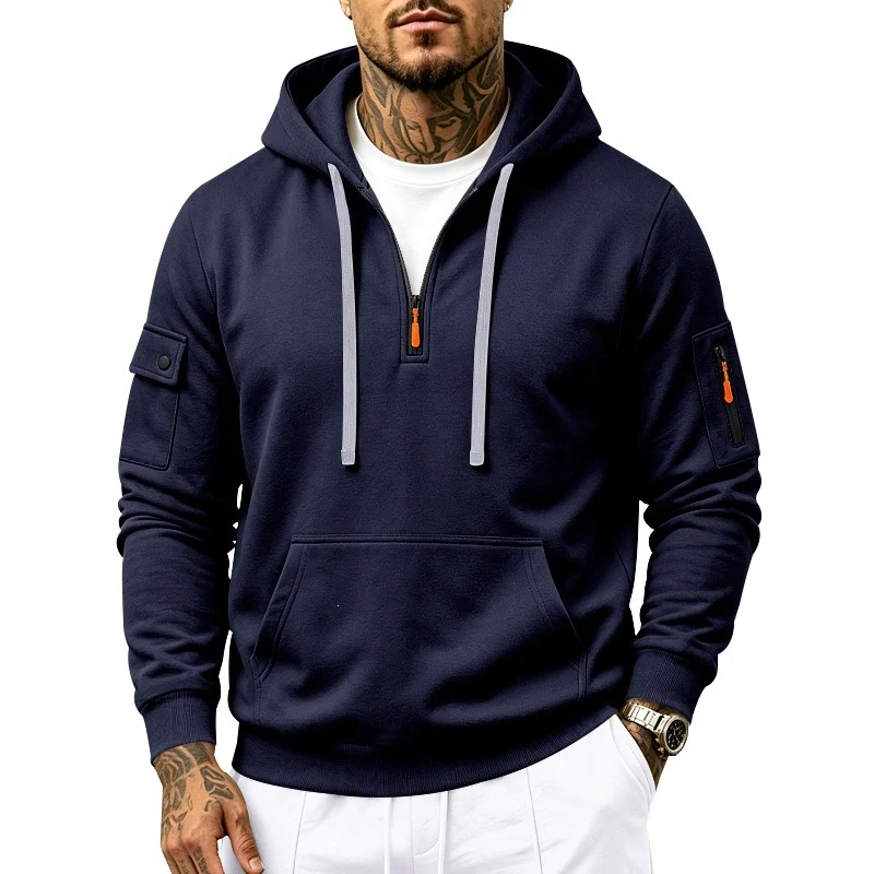 Herren Kapuzenpullover mit Halbzip, Utility-Ärmeltaschen und Kängurutasche Drune