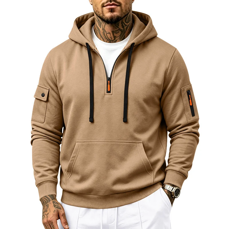 Herren Kapuzenpullover mit Halbzip, Utility-Ärmeltaschen und Kängurutasche Drune