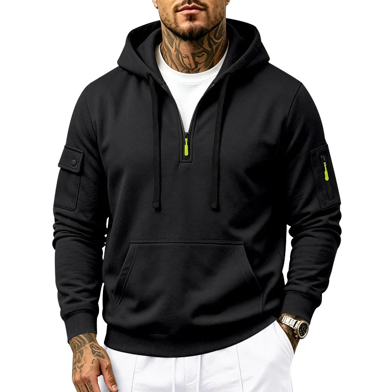 Herren Kapuzenpullover mit Halbzip, Utility-Ärmeltaschen und Kängurutasche Drune