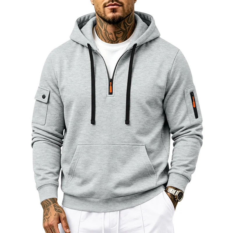 Herren Kapuzenpullover mit Halbzip, Utility-Ärmeltaschen und Kängurutasche Drune
