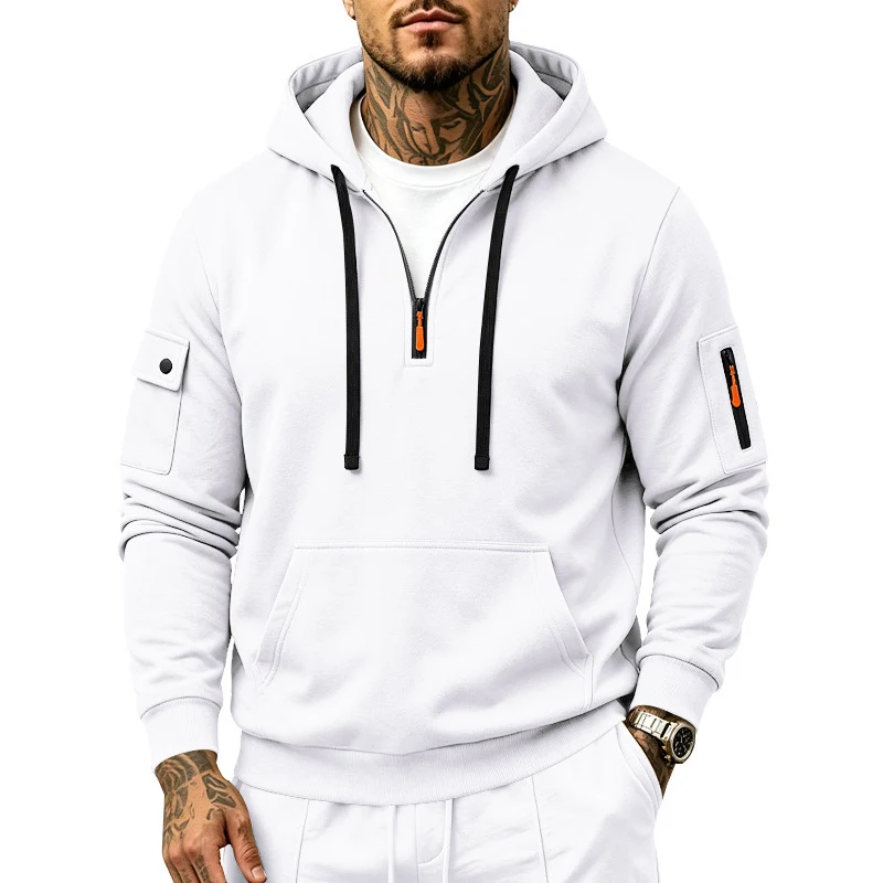 Herren Kapuzenpullover mit Halbzip, Utility-Ärmeltaschen und Kängurutasche Drune