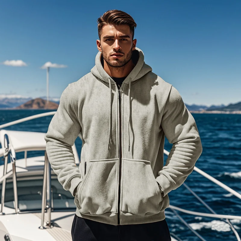 Herren Kapuzen-Sweatjacke mit durchgehendem Reißverschluss, Kängurutasche und verstellbarer Kapuze Drune