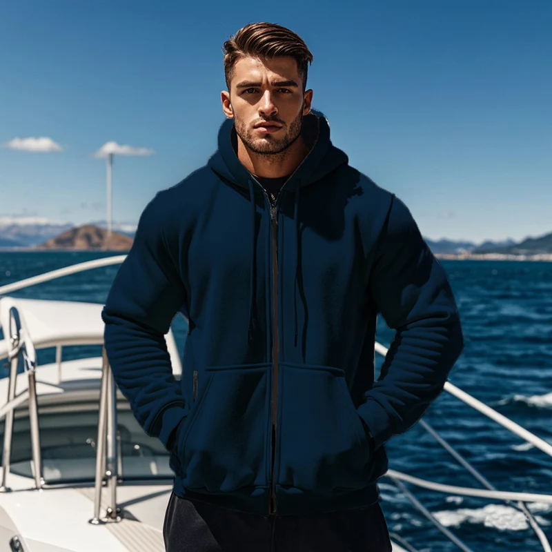 Herren Kapuzen-Sweatjacke mit durchgehendem Reißverschluss, Kängurutasche und verstellbarer Kapuze Drune