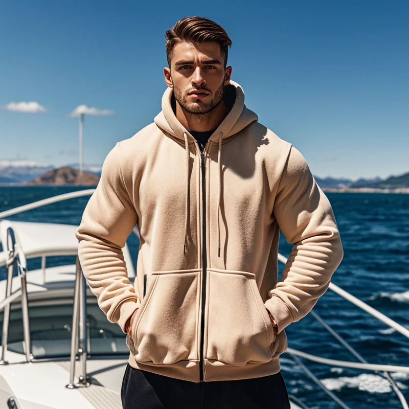 Herren Kapuzen-Sweatjacke mit durchgehendem Reißverschluss, Kängurutasche und verstellbarer Kapuze Drune