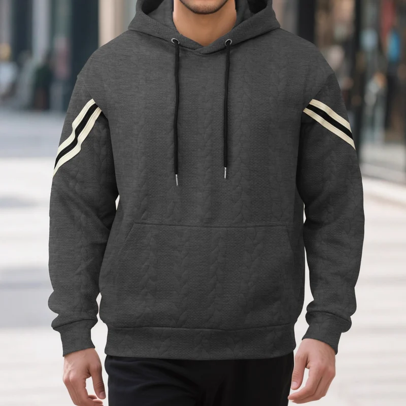 Herren Kabelstruktur-Kapuzenpullover mit Kängurutasche und Kontraststreifen Drune