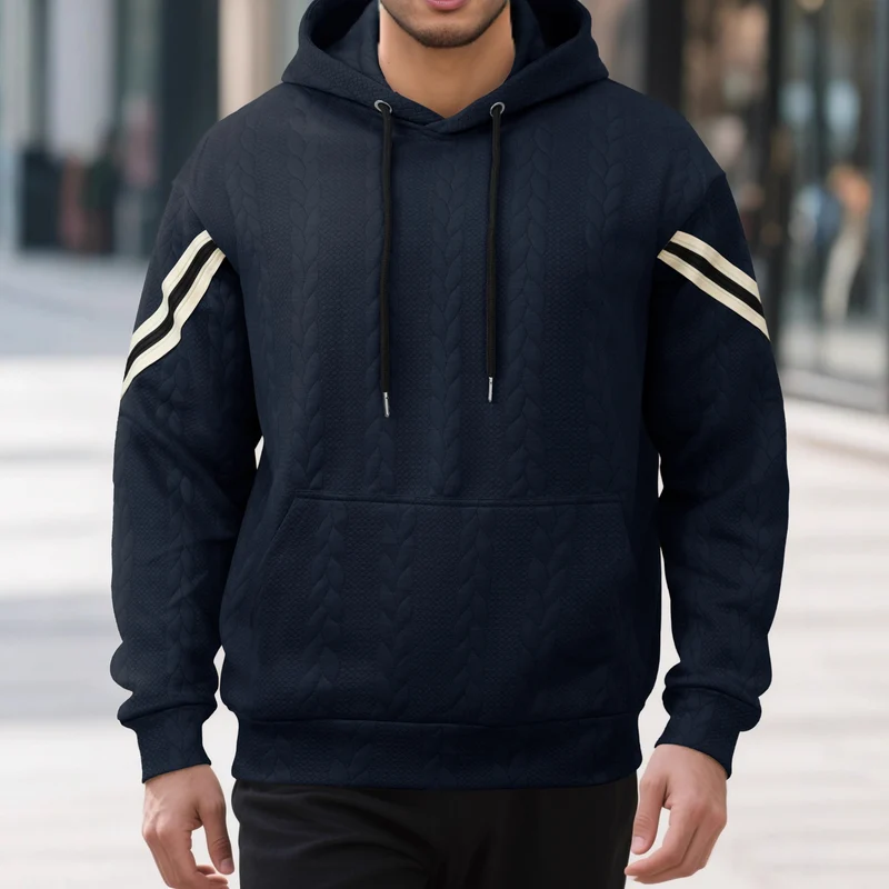 Herren Kabelstruktur-Kapuzenpullover mit Kängurutasche und Kontraststreifen Drune