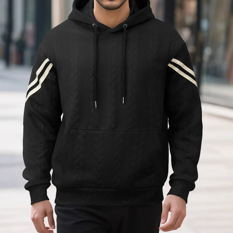Herren Kabelstruktur-Kapuzenpullover mit Kängurutasche und Kontraststreifen Drune