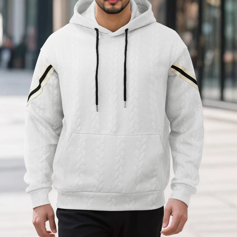 Herren Kabelstruktur-Kapuzenpullover mit Kängurutasche und Kontraststreifen Drune