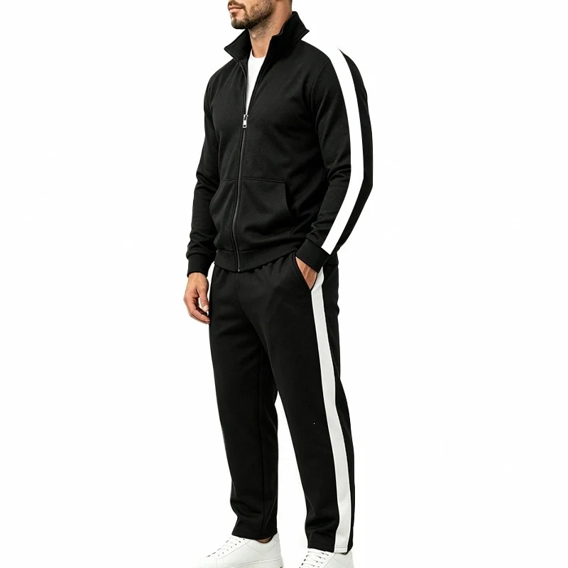 Herren Jogginganzug-Set aus French-Terry mit Stehkragen, Seitenstreifen und Reißverschlussjacke Drune