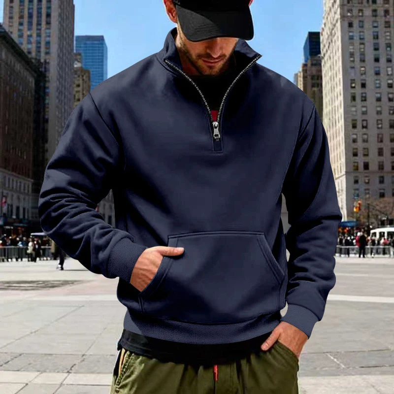 Herren Halbzip-Sweatshirt mit Stehkragen, Kängurutasche und Rippbündchen Drune