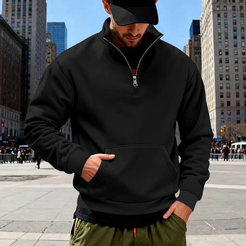 Herren Halbzip-Sweatshirt mit Stehkragen, Kängurutasche und Rippbündchen Drune