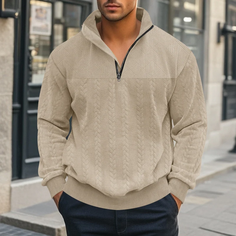 Herren Halbzip-Pullover mit Zopfstrick-Optik und Strukturpaneelen Drune