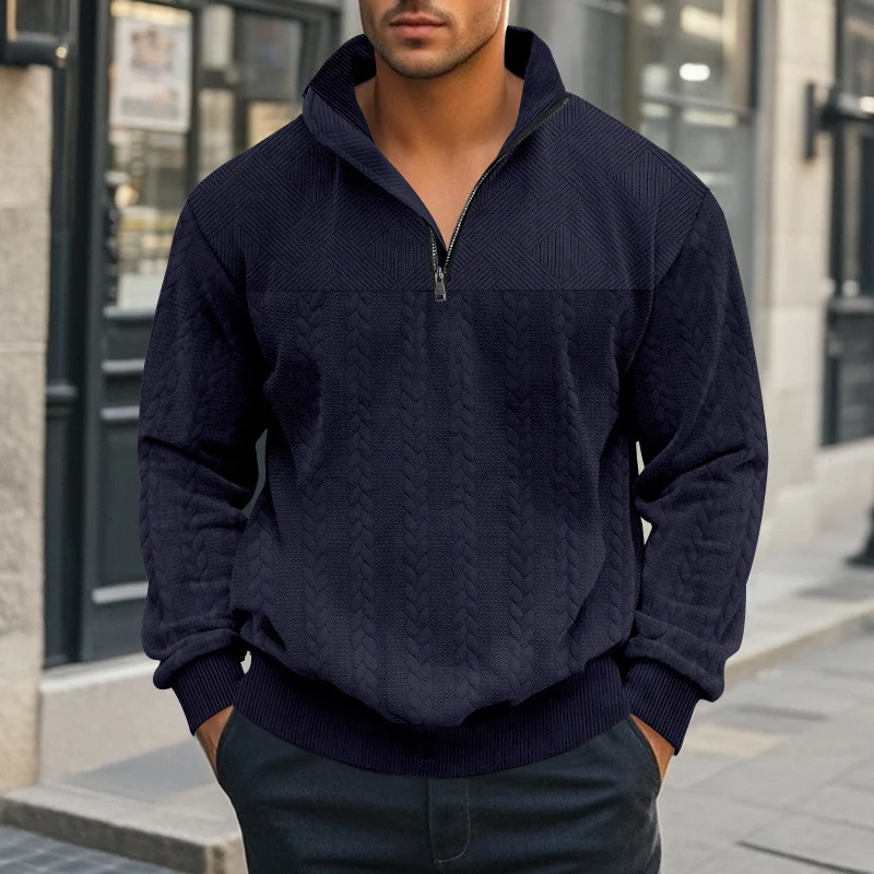 Herren Halbzip-Pullover mit Zopfstrick-Optik und Strukturpaneelen Drune