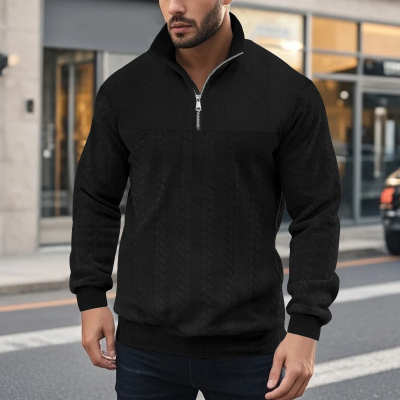 Herren Halbzip-Pullover mit Zopfstrick-Optik und Strukturpaneelen Drune