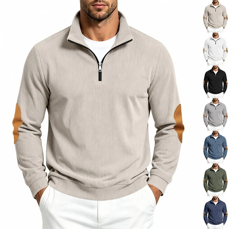 Herren Halbzip-Pullover mit Waffelstruktur und Ellbogen-Patches Drune