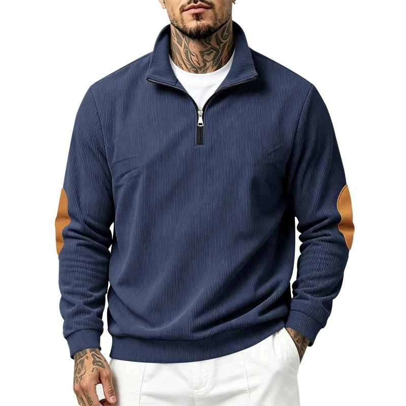 Herren Halbzip-Pullover mit Waffelstruktur und Ellbogen-Patches Drune