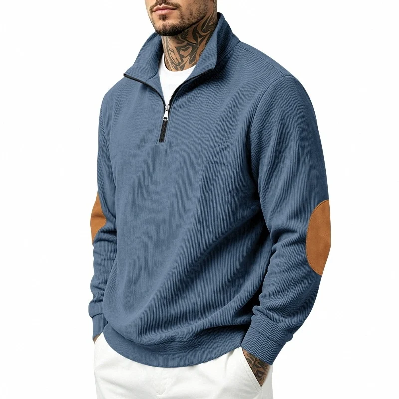 Herren Halbzip-Pullover mit Waffelstruktur und Ellbogen-Patches Drune