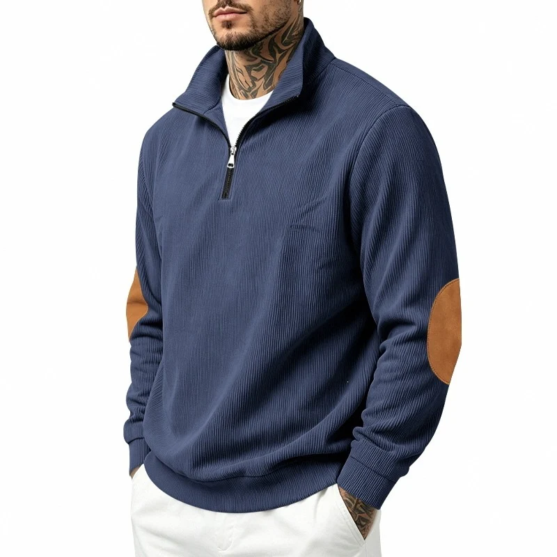 Herren Halbzip-Pullover mit Waffelstruktur und Ellbogen-Patches Drune