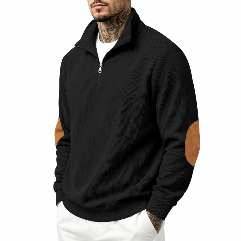 Herren Halbzip-Pullover mit Waffelstruktur und Ellbogen-Patches Drune