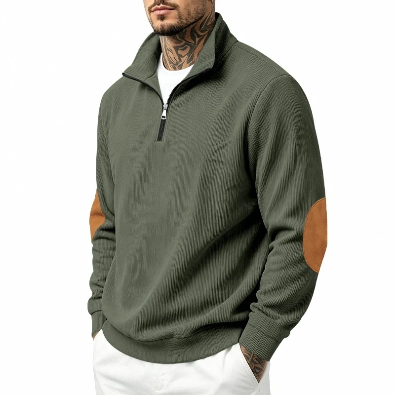 Herren Halbzip-Pullover mit Waffelstruktur und Ellbogen-Patches Drune