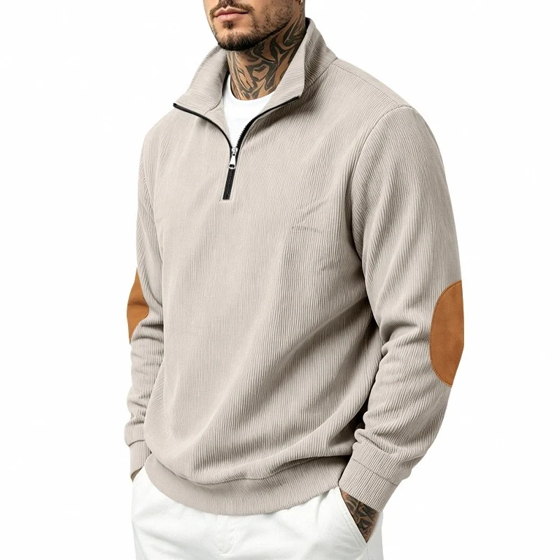 Herren Halbzip-Pullover mit Waffelstruktur und Ellbogen-Patches Drune