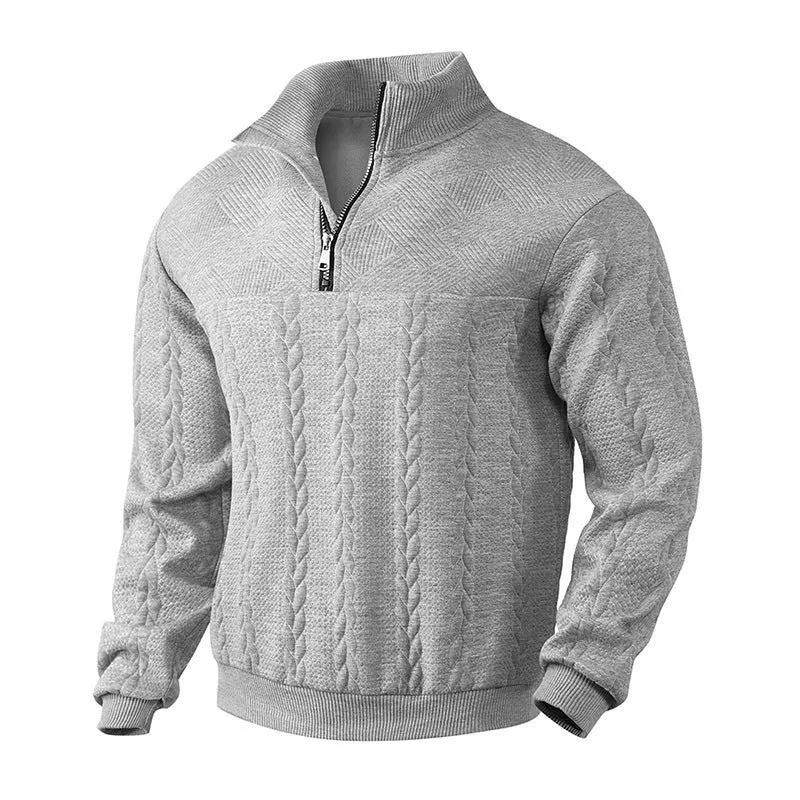 Herren Grobstrick-Halbzip-Pullover mit Zopfmuster und Stehkragen Drune