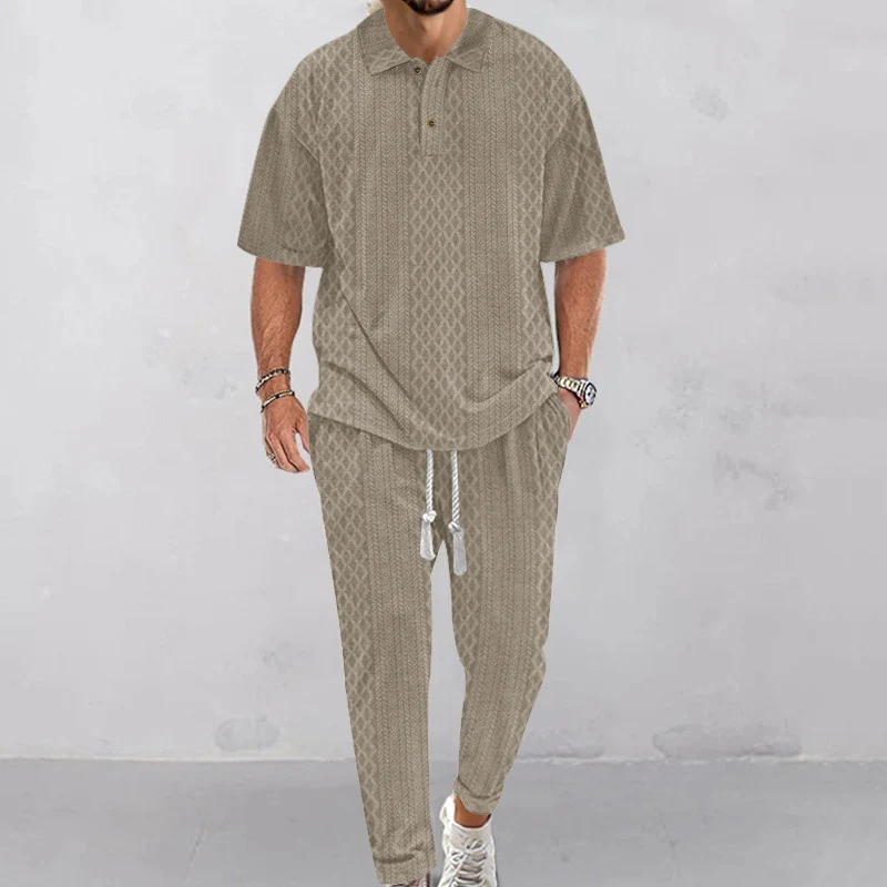 Herren gestricktes Freizeit-Set mit Polokragen und Tunnelzug-Jogginghose Drune