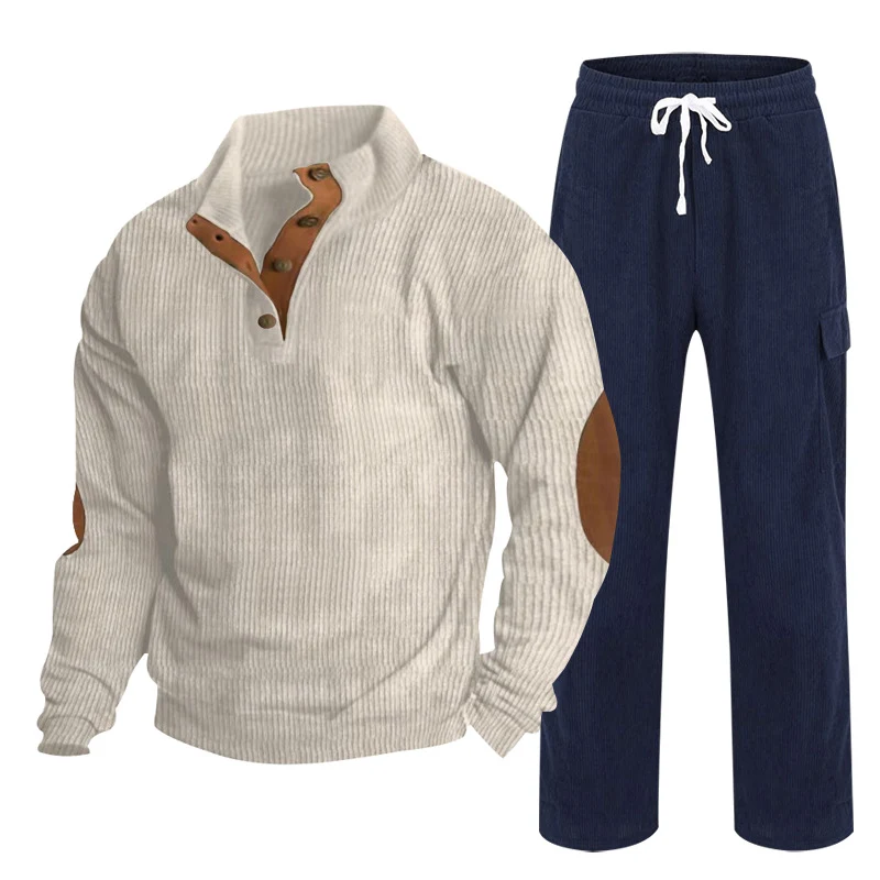 Herren Gemütliches Freizeit-Set aus Waffelstrick-Henley mit Ellenbogenpatch und Relax-Cargo-Hose Drune