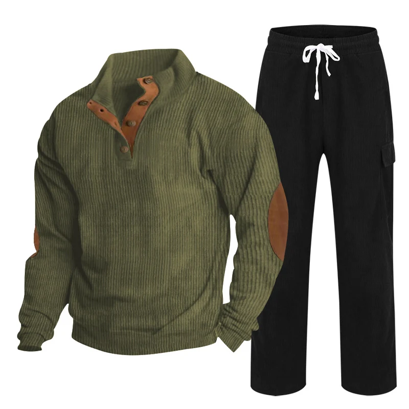 Herren Gemütliches Freizeit-Set aus Waffelstrick-Henley mit Ellenbogenpatch und Relax-Cargo-Hose Drune