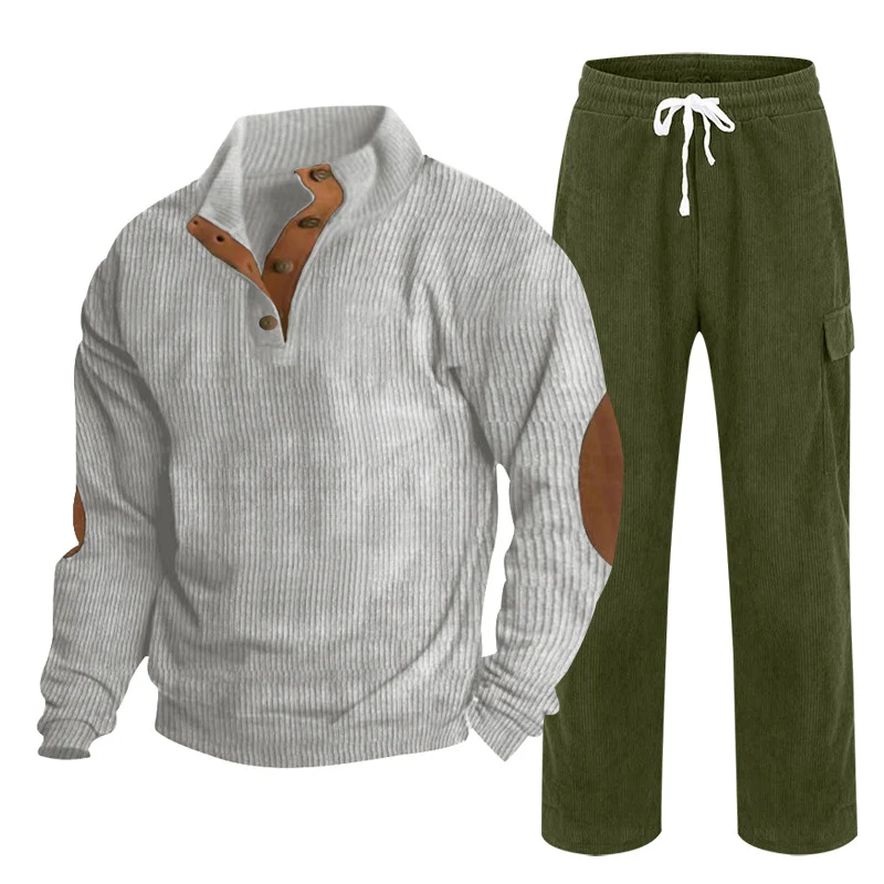 Herren Gemütliches Freizeit-Set aus Waffelstrick-Henley mit Ellenbogenpatch und Relax-Cargo-Hose Drune