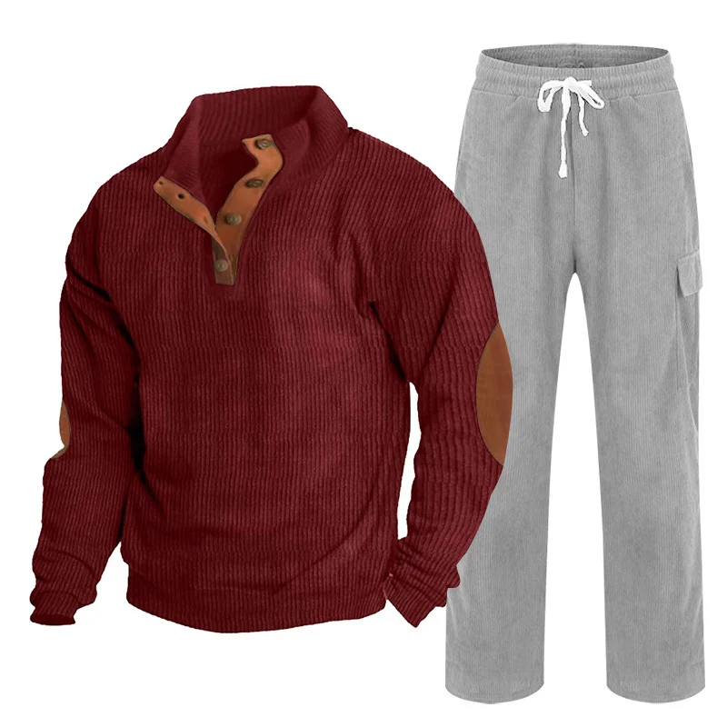 Herren Gemütliches Freizeit-Set aus Waffelstrick-Henley mit Ellenbogenpatch und Relax-Cargo-Hose Drune