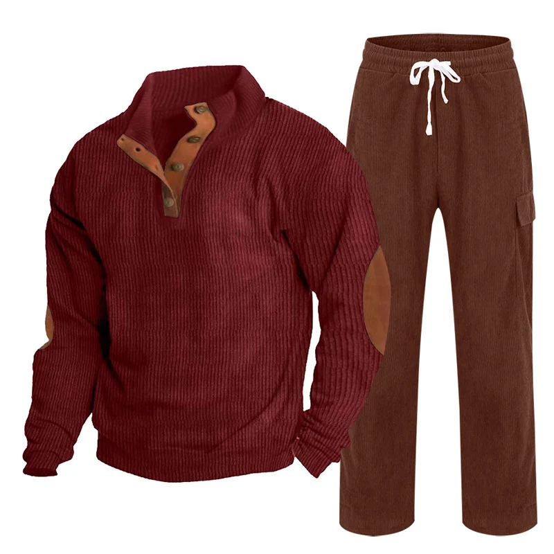 Herren Gemütliches Freizeit-Set aus Waffelstrick-Henley mit Ellenbogenpatch und Relax-Cargo-Hose Drune