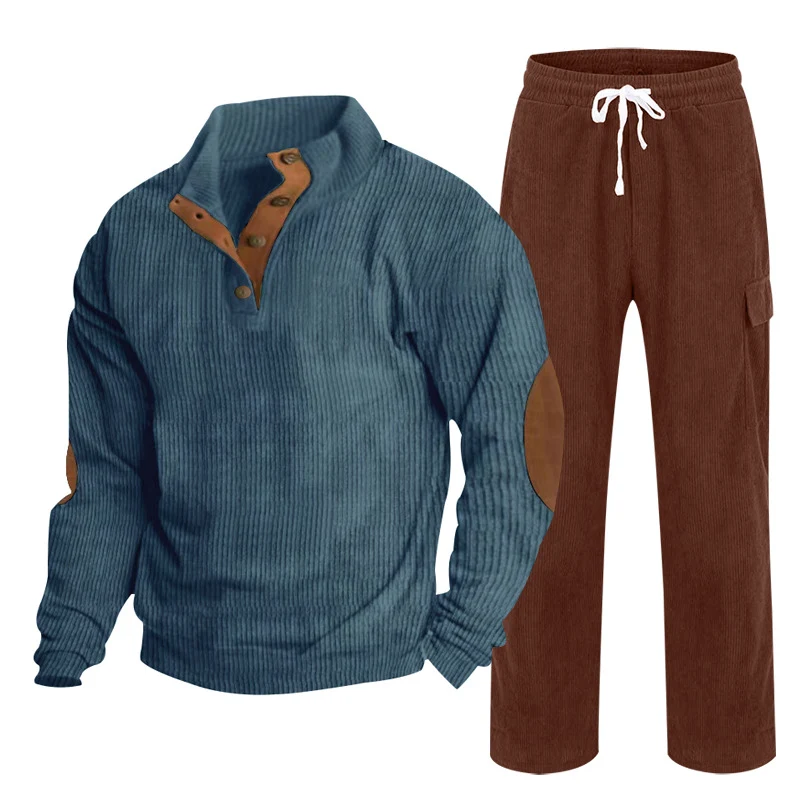 Herren Gemütliches Freizeit-Set aus Waffelstrick-Henley mit Ellenbogenpatch und Relax-Cargo-Hose Drune