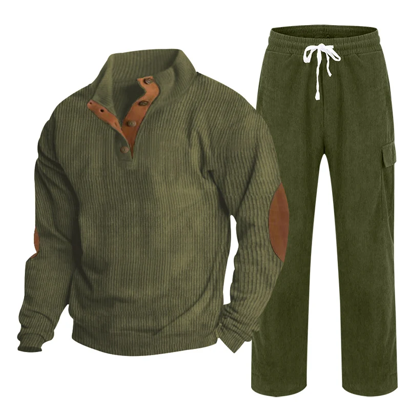 Herren Gemütliches Freizeit-Set aus Waffelstrick-Henley mit Ellenbogenpatch und Relax-Cargo-Hose Drune