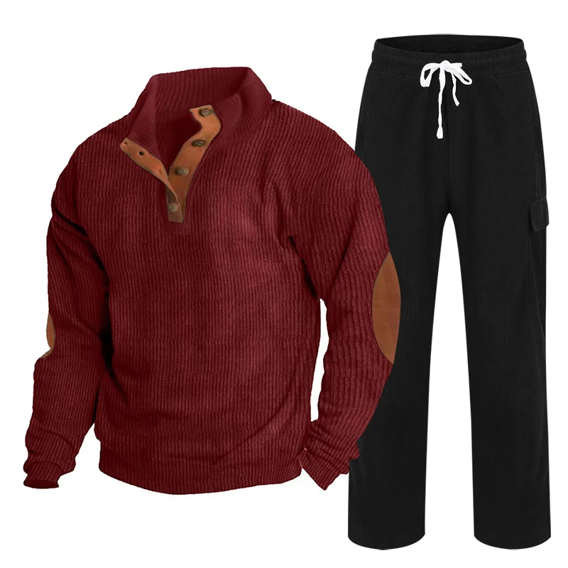 Herren Gemütliches Freizeit-Set aus Waffelstrick-Henley mit Ellenbogenpatch und Relax-Cargo-Hose Drune