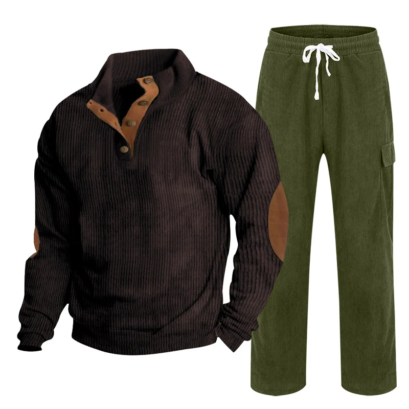 Herren Gemütliches Freizeit-Set aus Waffelstrick-Henley mit Ellenbogenpatch und Relax-Cargo-Hose Drune
