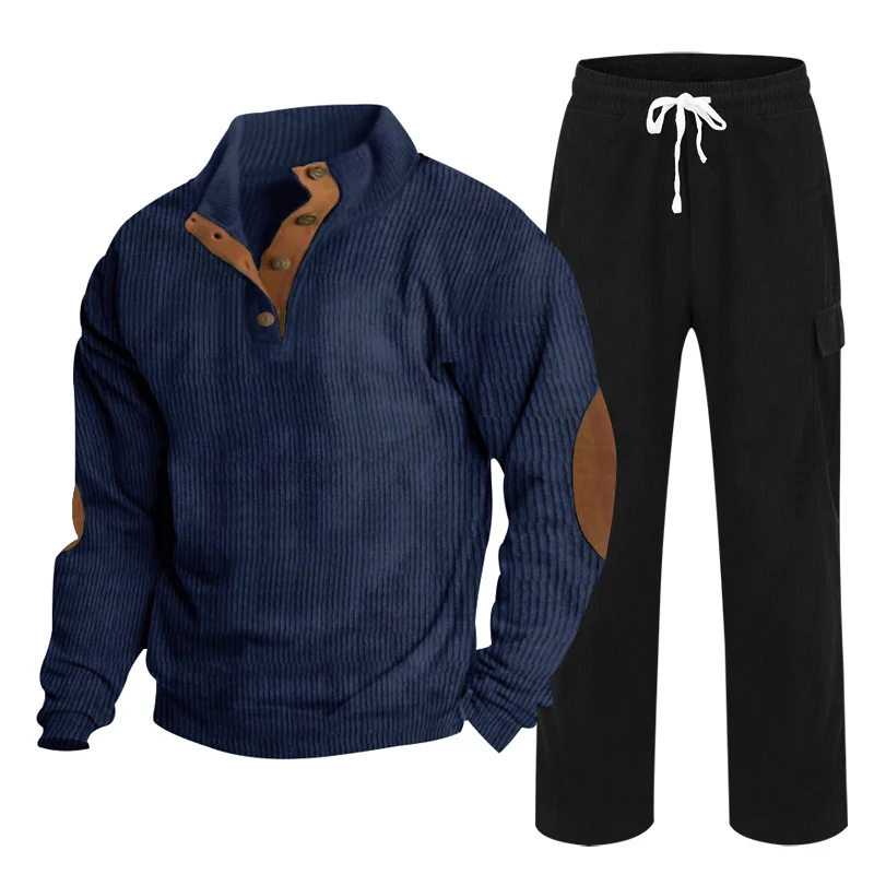 Herren Gemütliches Freizeit-Set aus Waffelstrick-Henley mit Ellenbogenpatch und Relax-Cargo-Hose Drune