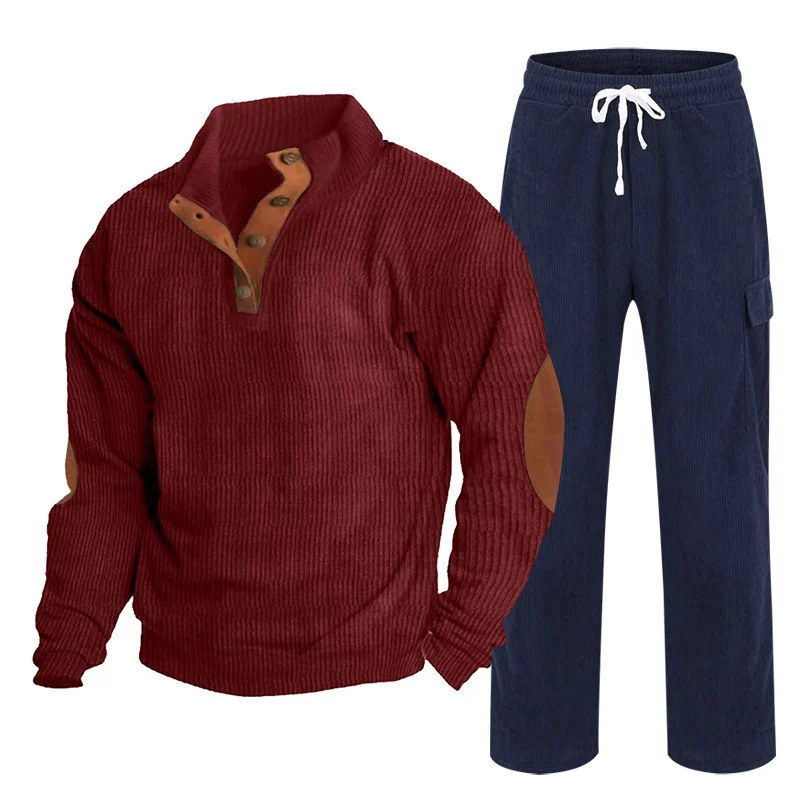 Herren Gemütliches Freizeit-Set aus Waffelstrick-Henley mit Ellenbogenpatch und Relax-Cargo-Hose Drune