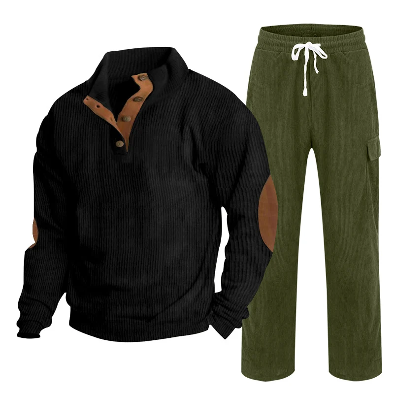 Herren Gemütliches Freizeit-Set aus Waffelstrick-Henley mit Ellenbogenpatch und Relax-Cargo-Hose Drune