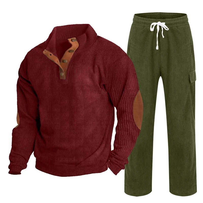 Herren Gemütliches Freizeit-Set aus Waffelstrick-Henley mit Ellenbogenpatch und Relax-Cargo-Hose Drune