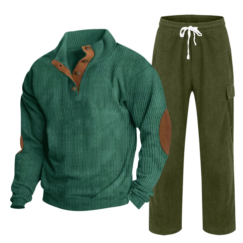 Herren Gemütliches Freizeit-Set aus Waffelstrick-Henley mit Ellenbogenpatch und Relax-Cargo-Hose Drune