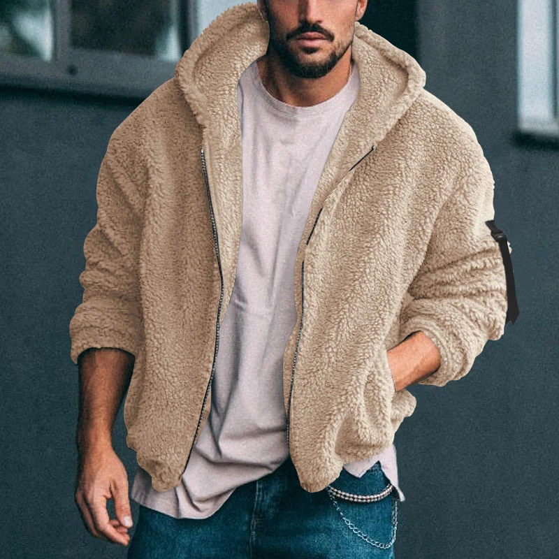 Herren Gefütterte Fleece-Kapuzenjacke mit Teddy-Finish, Reißverschluss und Seitentaschen Drune